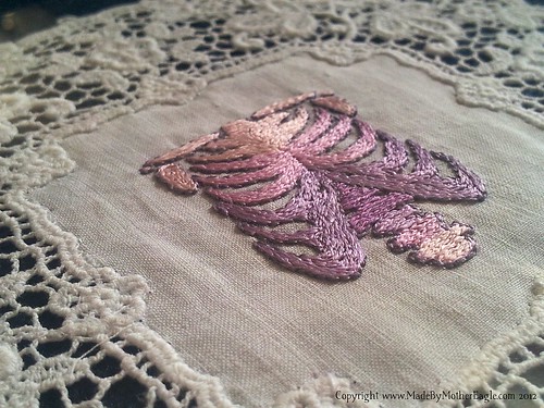 Miniature silk Rib cage embroidery on antique hand-made lace cotton panel