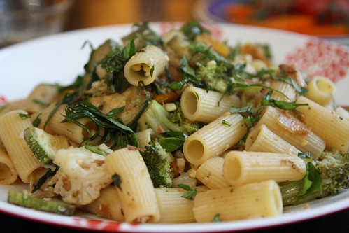 Rigatoni with Garlic, Summer Squash, Basil, Onion, Broccoli, and Cauliflower
