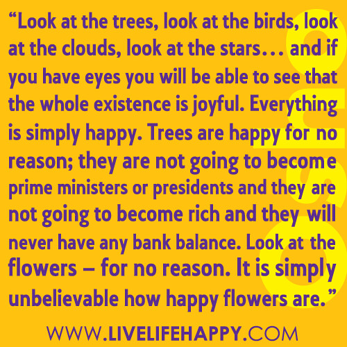 "Look at the trees, look at the birds, look at the clouds, look at the stars... and if you have eyes you will be able to see that the whole existence is joyful. Everything is simply happy. Trees are happy for no reason; they are not going to become prim