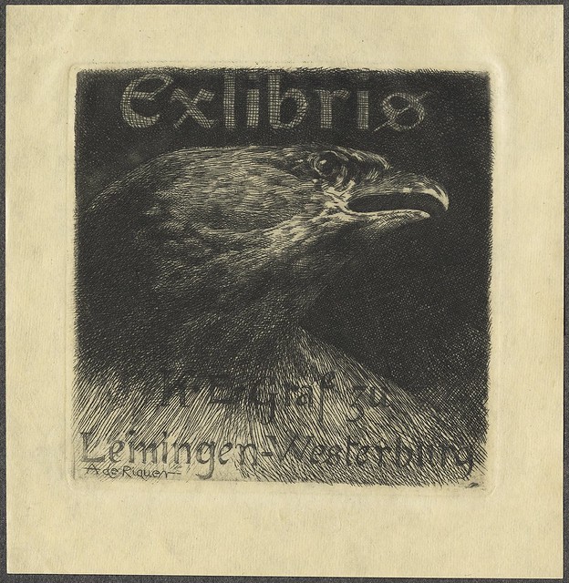 dark, square-shaped ex libris illustration dominated by eagle head