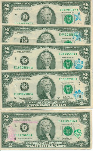 Stamps on US Two dollar bills