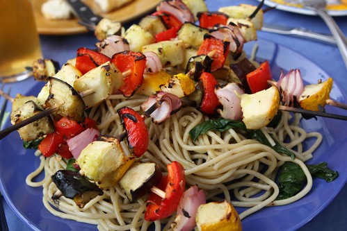 Grilled Vegetable Skewers Over Spaghetti with Beet Greens and Garlic