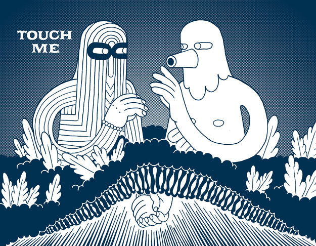 characters from gaylord phoenix holding hands with the caption "touch me"