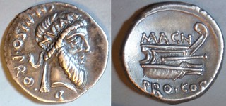 446/1 MAGN. PRO COS. CN.PISO PRO Q. Pompey Denarius. Numa Pompilius, Prow. Corcyra, early 48BC.