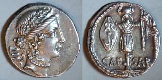 452/2 CAESAR Julius Caesar Denarius. Pietas, LII, Trophy with Gallic shield and carnyx. Apollonia early-mid 48BC. Very elegant portrait.