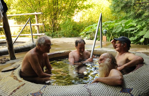 4 men au natural relaxing in a mineral tiled hot tub, outside, Breighton Bush Hot Springs, Breighton Bush, Marion County, Oregon, USA by Wonderlane