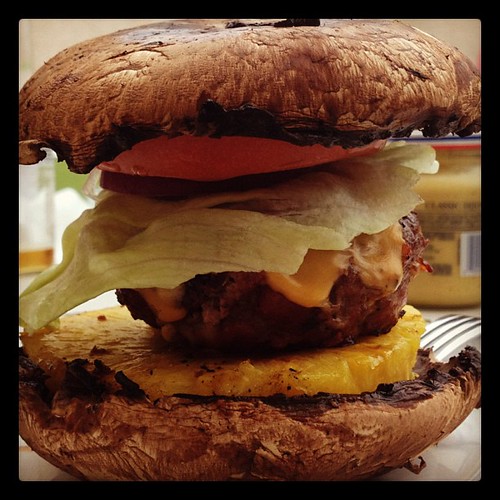 Mmm. Mmm. Mmm. #paleo/#primal burger with portobello bun. Messy but delicious.