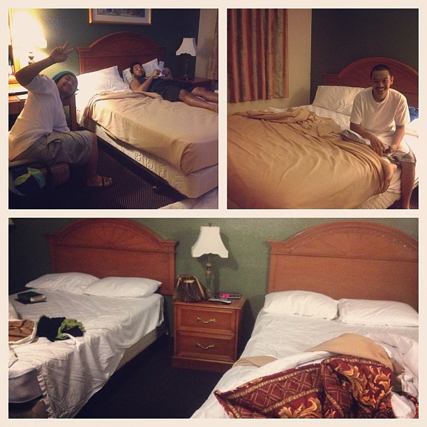 4 beds in one room. My bro and Zuriel in their room. Boo boo in ours, my mom and auntie raquel have their own.