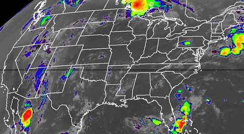 Satellite image with enhanced low cloud-top temperatures for 6:45 a.m. EST (NOAA)
