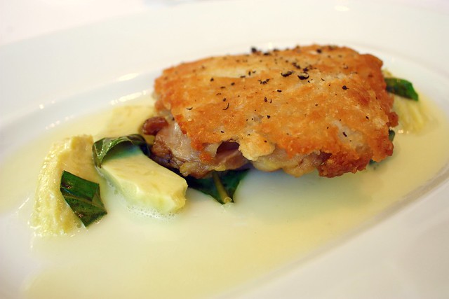 Parmesan Crusted Confit Leg of Chicken, Artichoke, Basil, and Lemon Butter at Jean Georges New York