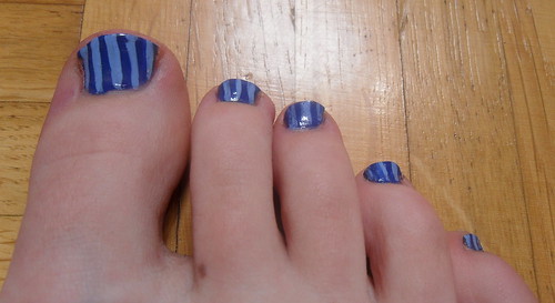 Blue Striped Toe Nails