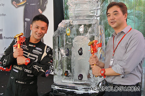 Ken Gushi and Mr Hideki from Casio, ready to cast the first hammer blows on the ice block