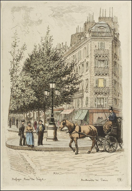 Paris street corner - horse & cab, pedestrians, 1877 etching book illustration