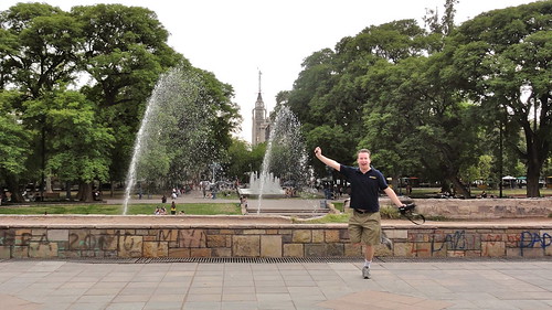 Greg dances by the fountain
