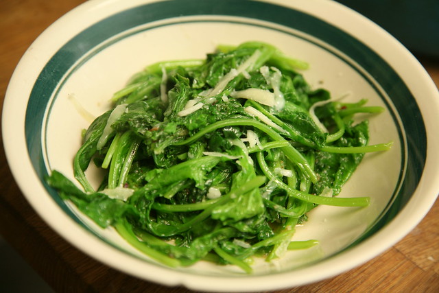 Wilted mustard greens with red pepper flakes and parmesan.