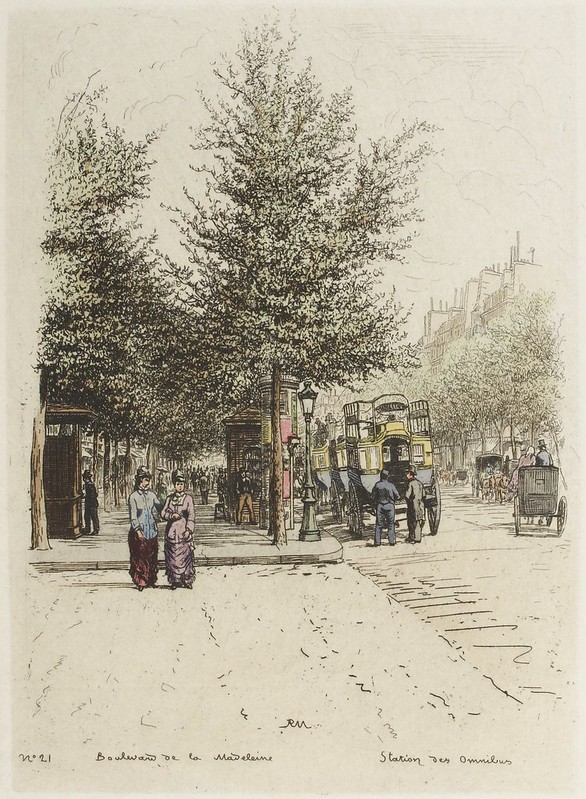 1870s street-scene of pedestrian on footpaths and double-decker horse-drawn carriages