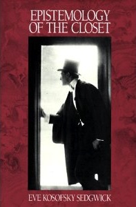 cover of eve sedgwick's epistemology of the closet, featuring a man wearing a hat opening a door on a red background