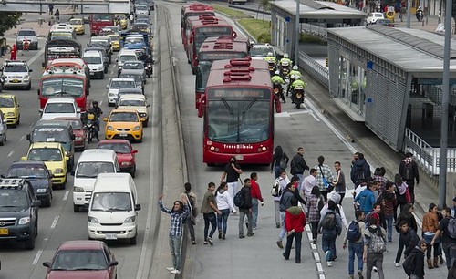 Students protest against the high price and bad service offered by the Transmilenio public transport system, in Bogota