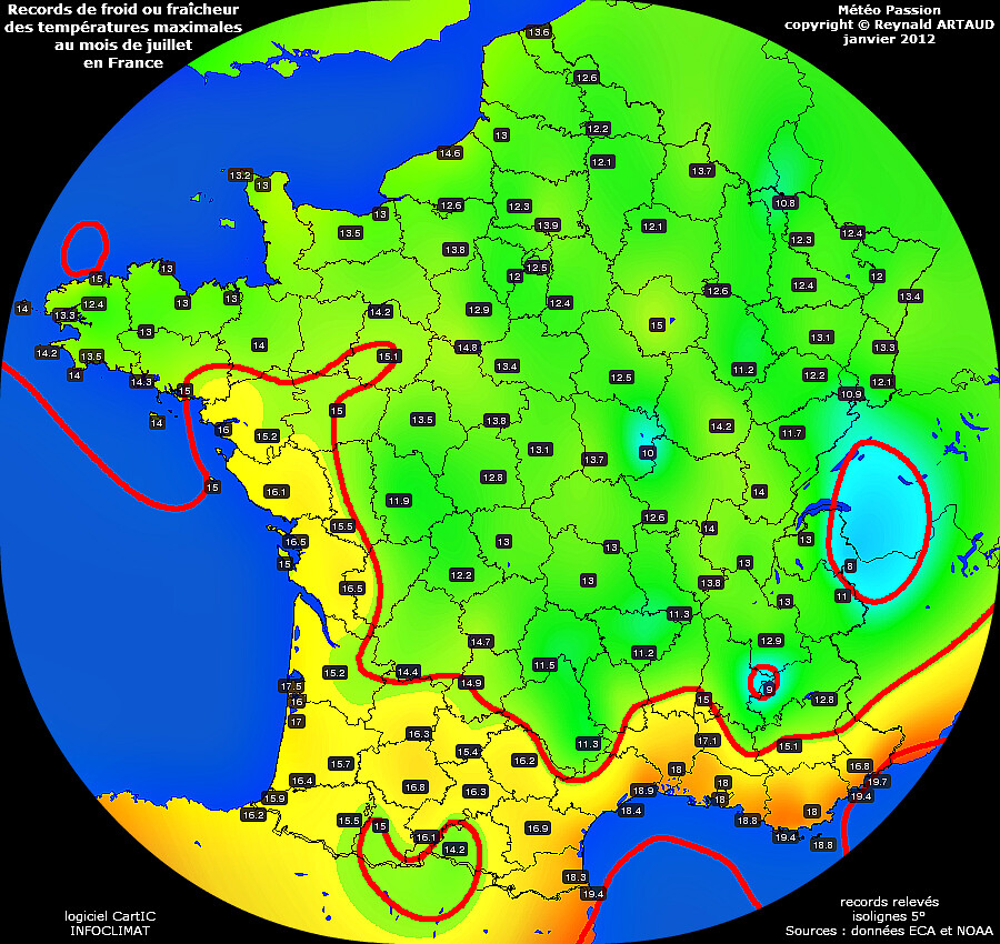 records de fraîcheur ou de froid des températures maximales au mois de juillet en France Reynald ARTAUD météopassion