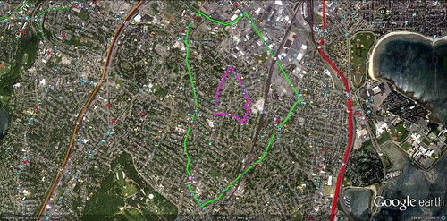 DNSI serves the area outlined in green; its land trust has legal authority over the Dudley Triangle, outlined in purple (via Google Earth)