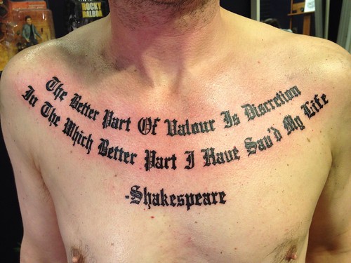 Shakespeare quote old English chest tattoo by Wes Fortier