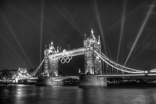 Spotlights on Tower Bridge for Olympics rehearsals