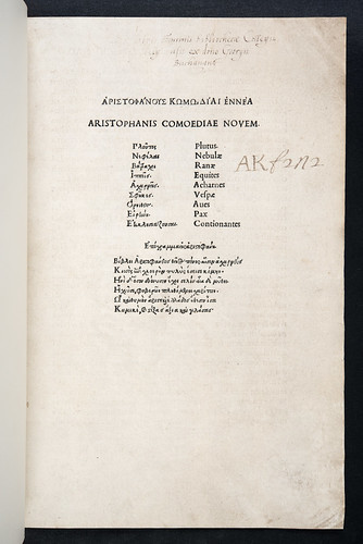 Donation inscription in Aristophanes: Comoediae novem [Greek]