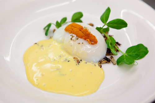 Chef Shaun Hergatt plated second poached egg dish: 64 degree slow poached egg with crunchy black wild rice with uni foam and uni