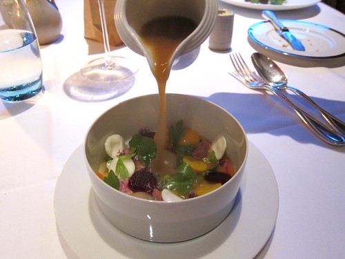 Stew -  Broth of brisket of beef with vegetables, rabbit kidney, egg and lovage