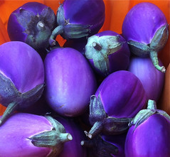 Purple Eggplant in Orange Bin by randubnick
