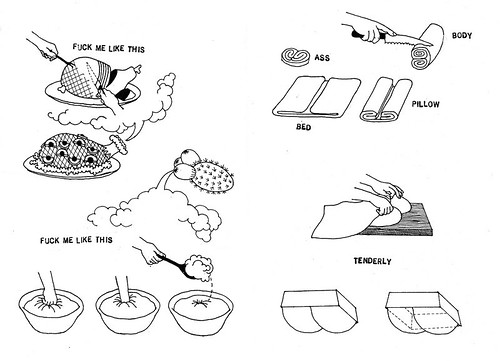drawings of various foods, a ham, dough with the caption "fuck me like this"