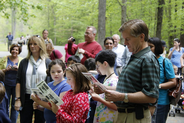 Governor McDonnell studies the Tree Identification Guide on the Guided Hike led by Park Naturalist Krista Weatherford 