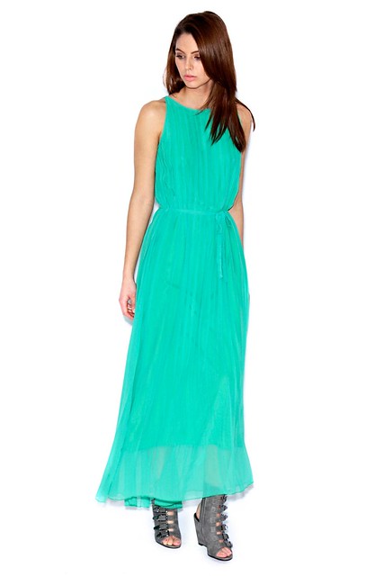 Green Pleated Sleeveless Maxi Dress