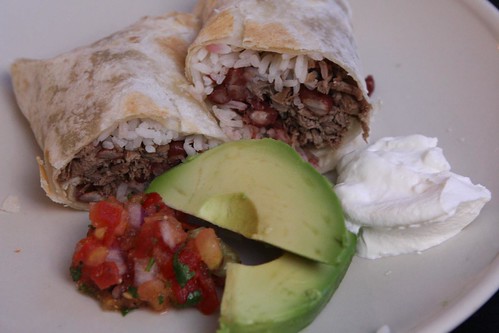 Pulled Pork Burrito with Beans and Rice, Salsa Fresca, Avocado, and Sour Cream