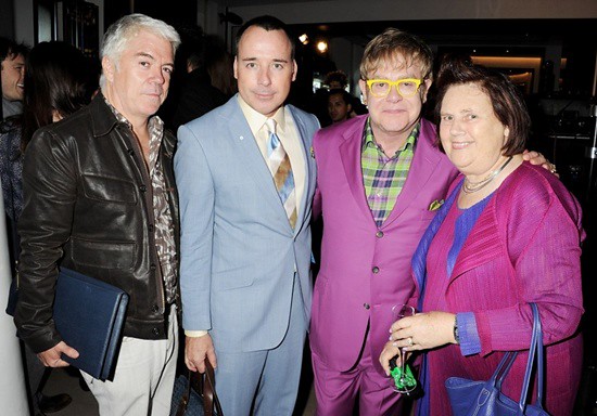6 Tim Blanks, David Furnish, Sir Elton John and Suzy Menkes at the Burberry event in Knightsbridge London