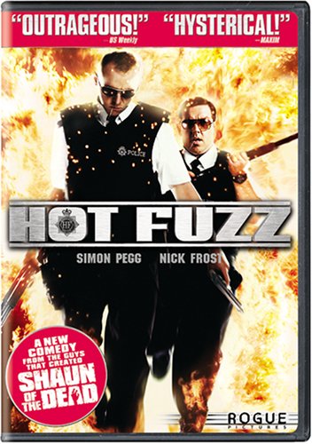 Hot Fuzz DVD cover with unprofessional police running away from fire ball