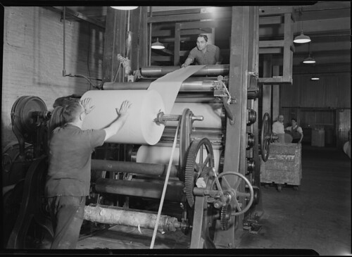 Mt. Holyoke, Massachusetts - Paper. American Writing Paper Co. Super-calender - putting on roll, starting operation, 1936
