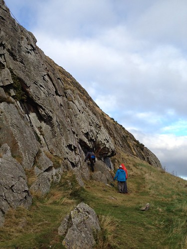 Chris running his bottom-rope with David and Nic as his clients, Overhang Wall, Traprain Law