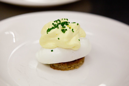 Chef Shaun Hergatt's first poached egg dish: Poached Egg with Crouton and Hollandaise