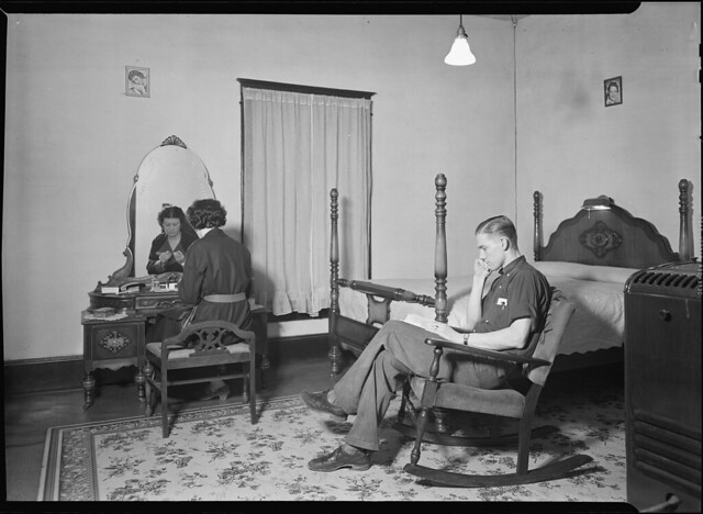 Bedroom and living-room in company-owned home of workers in Highland Cotton Mills, High Point, North Carolina. This is one of the best there, 1936