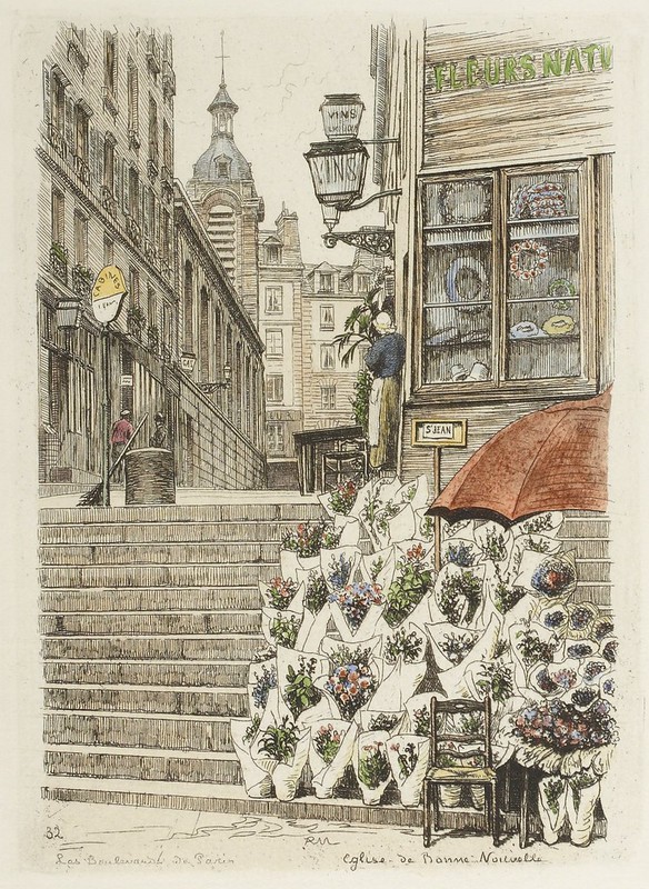 P Martial's engraving of Paris florist and city scape 1877