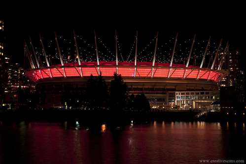 BC Place at night in red