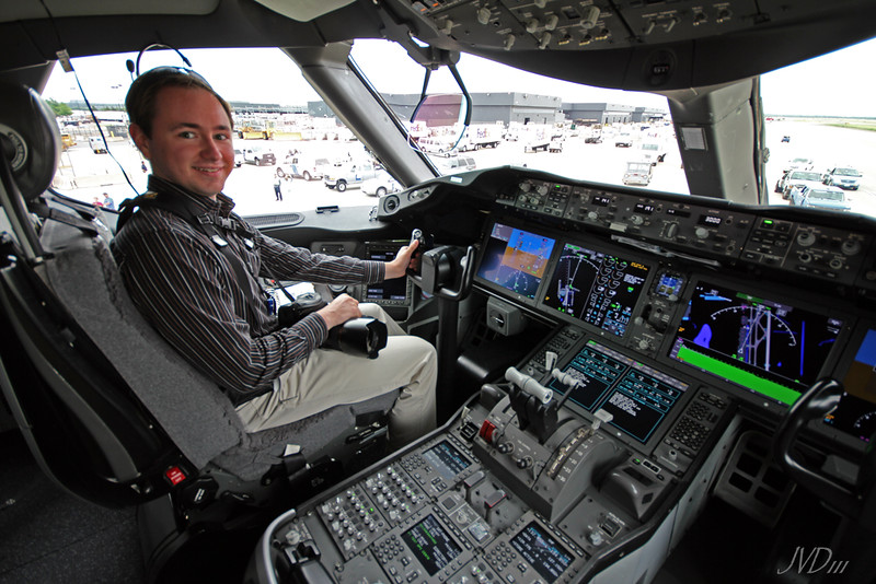 J. David Buerk in the 787 Cockpit; Photo by James Dingell III