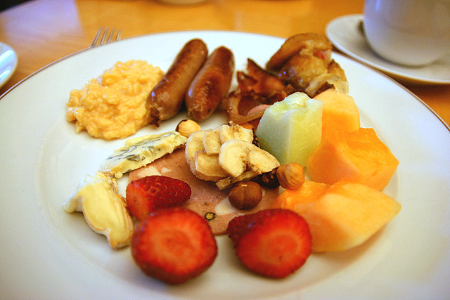 Breakfast - fresh fruit, cheeses, nuts, eggs, bacon and sausages