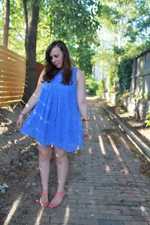 Blue Monday outfit: "Flocked Cobalt Dress" from Anthropologie, Dolce Vita sandals, DIY ombré bracelet and necklace, J.Crew pavé cable bracelet, etc.