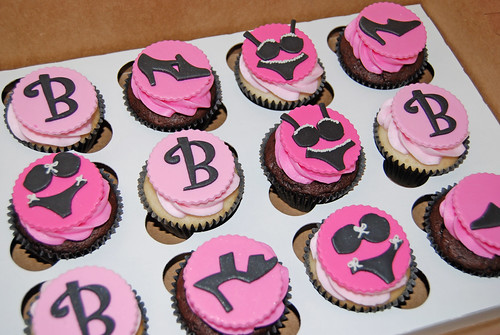 pink and black bachelorette party cupcakes - monogram, shoes and lingerie