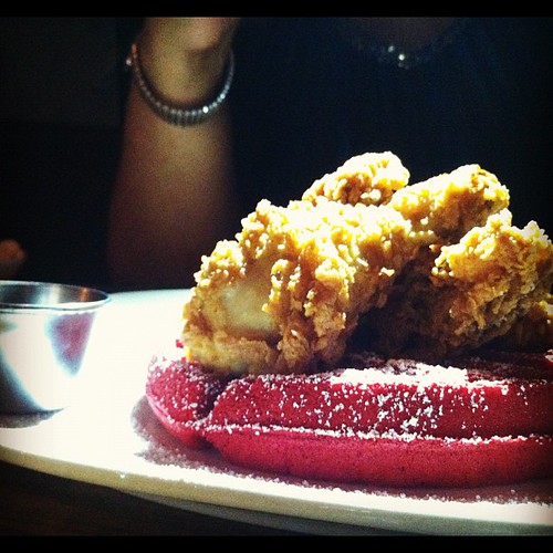 Red velvet chicken & waffles. #midnightbrunch #almost #brooklyn