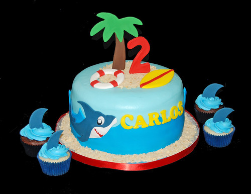 2nd birthday shark themed cake and cupcakes