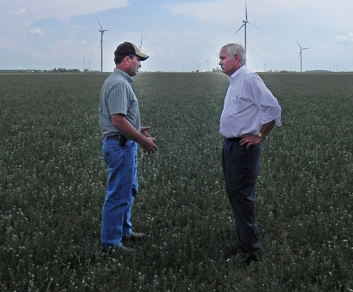 Roy Klopfenstein (left) and Agriculture Under Secretary for Farm and Foreign Agricultural Service (FFAS) Michael Scuse (right) look at Klopfenstein’s alfalfa field and how the drought has impacted his crop in Paulding County OH on Tuesday, July 17, 2012. USDA photo by Christina Reed.