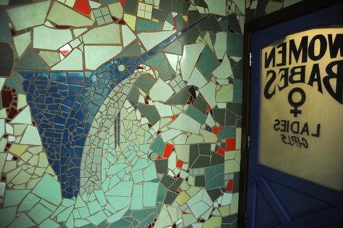 Blue Marlin mural, tiles, inside the ladies bathroom, restroom door reads: Women, Babes, Ladies, Girls, Joe's Crab Shack, Schaumburg, Illinois, USA by Wonderlane